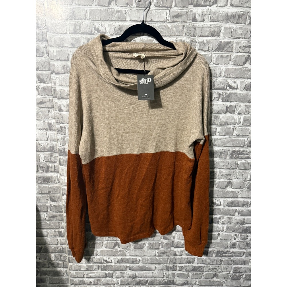 Lovely Melody Women Tan Rust Colorblock Cowl Neck Knit Sweater Size M NWT